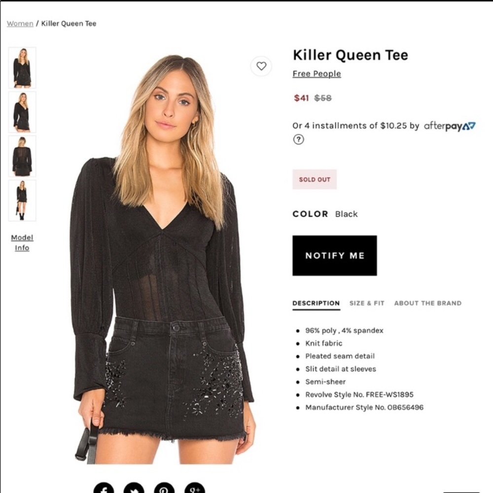 Free People Killer Queen Tee Black New With Tags